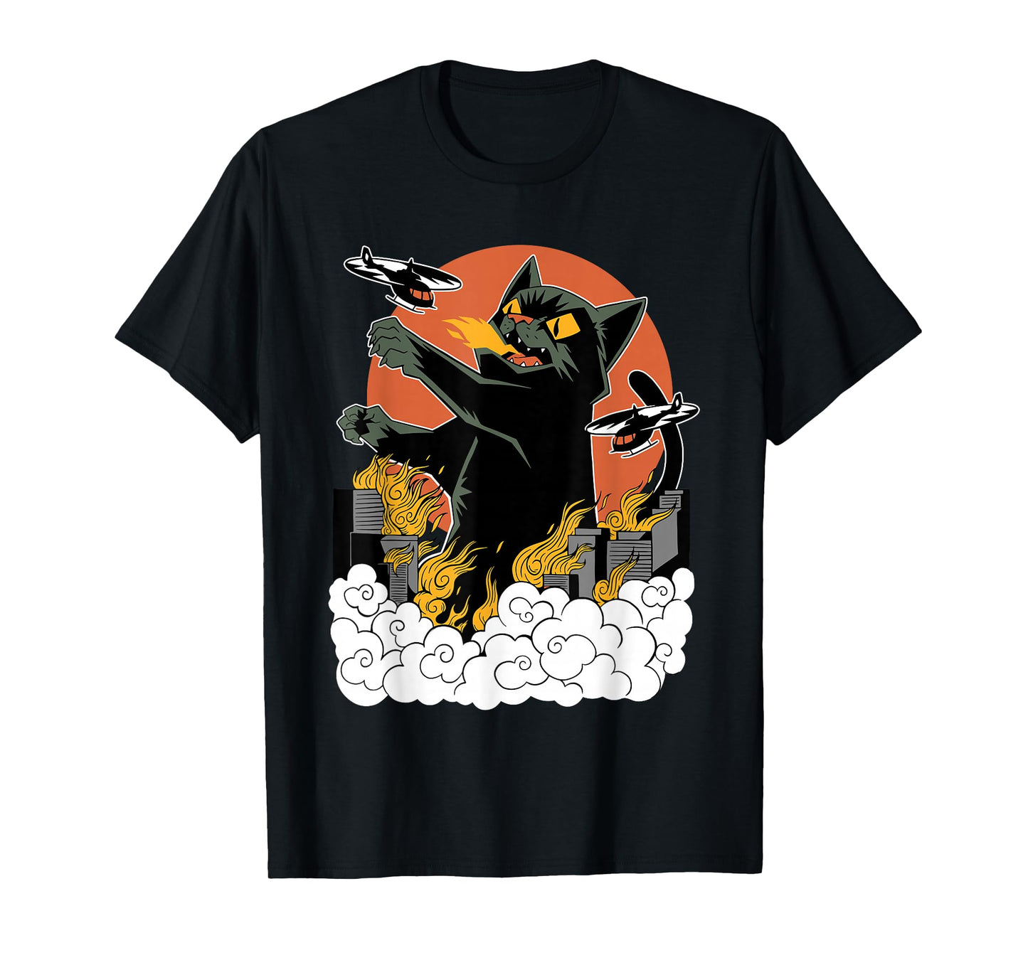 Black Japanese Catzilla Sunset T-Shirt - Classic Fit, Crew Neck, Cotton & Polyester Blend