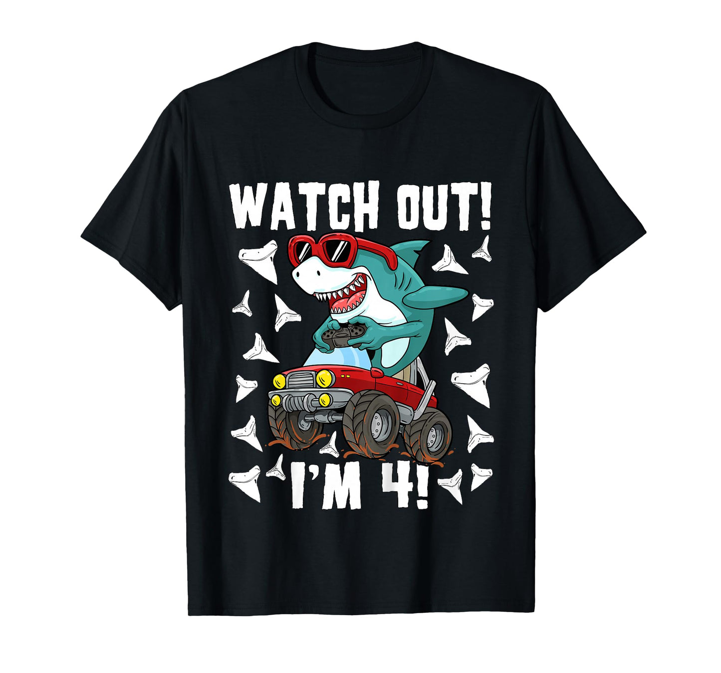 4 Years Old 4th Birthday Shark Boy Girl Monster Truck Gamer T-Shirt