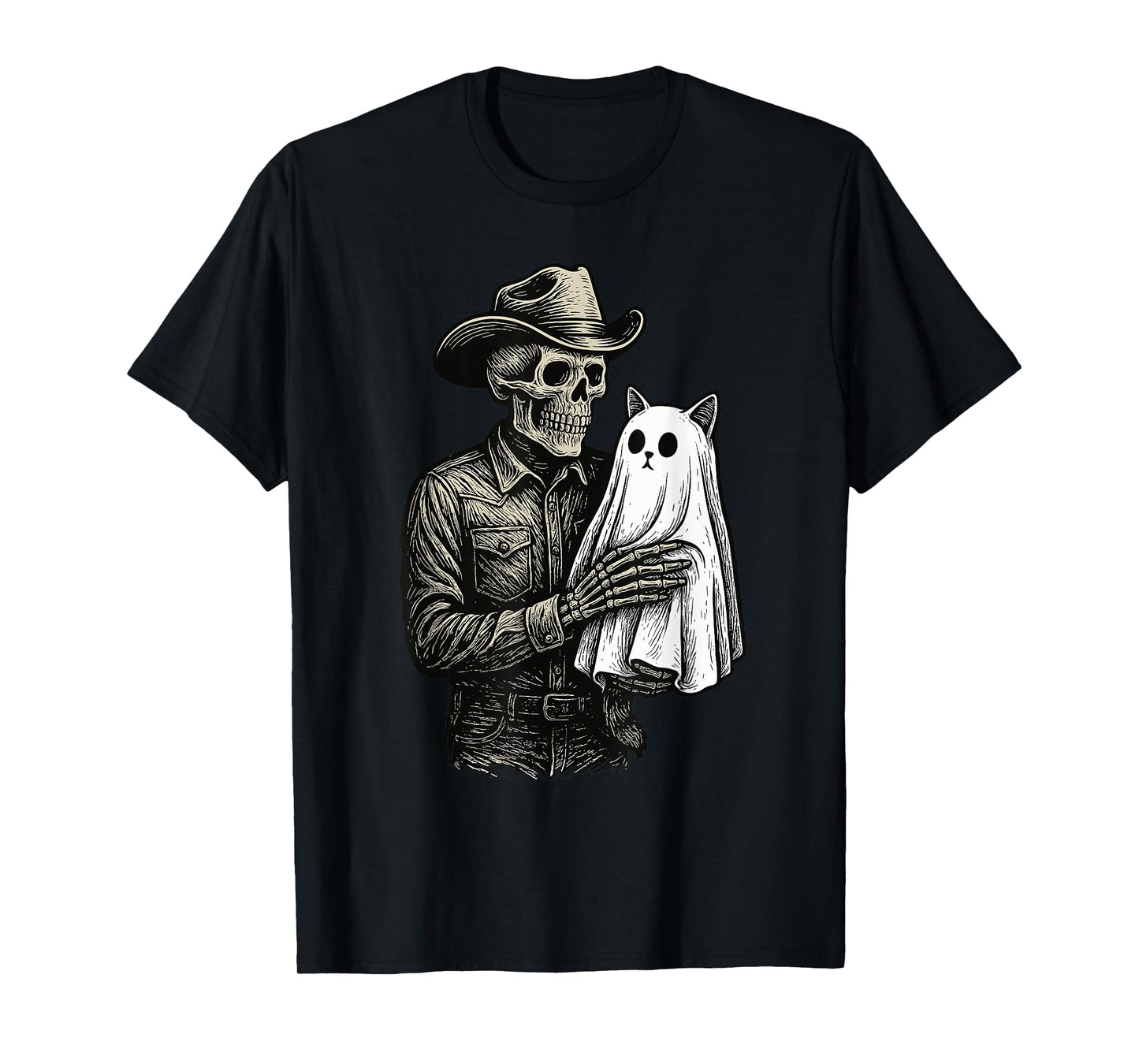 Skeleton Cowboy Ghost Cat Halloween Goth Dark Western Gothic T-Shirt