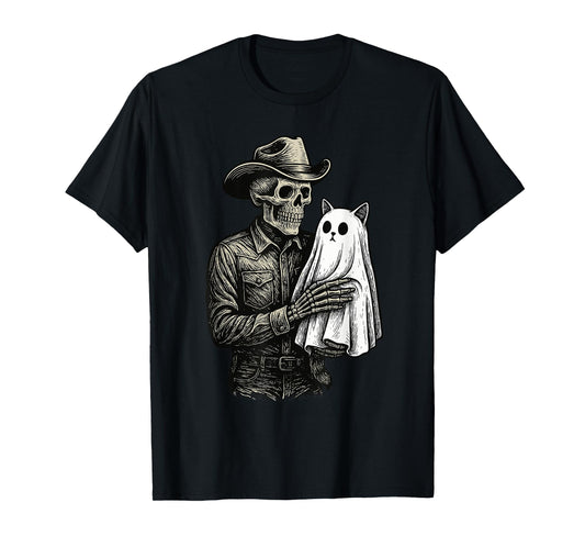 Skeleton Cowboy Ghost Cat Halloween Goth Dark Western Gothic T-Shirt