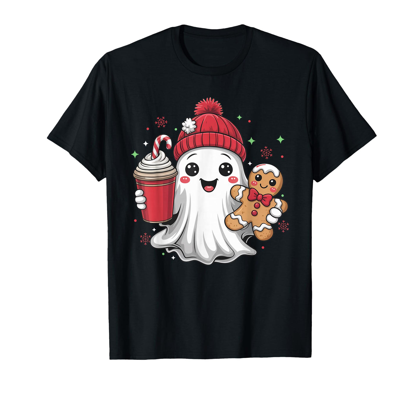 Retro Ghost Beanie Christmas Holiday Xmas Coffee Gingerbread T-Shirt