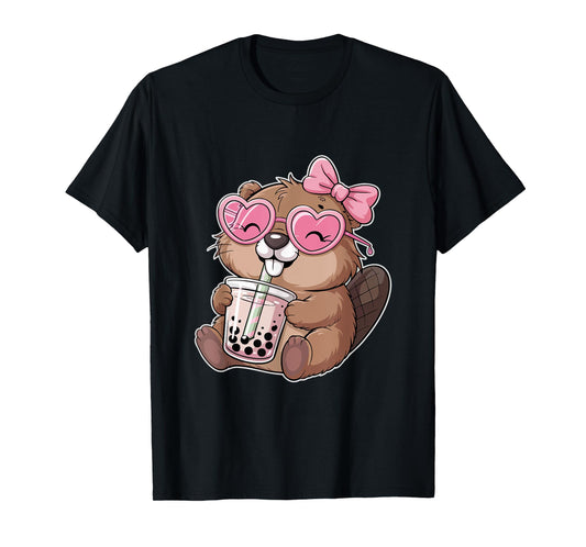 Beaver Coquette Bow Tea Bubble Cute Beaver Boba Tea T-Shirt
