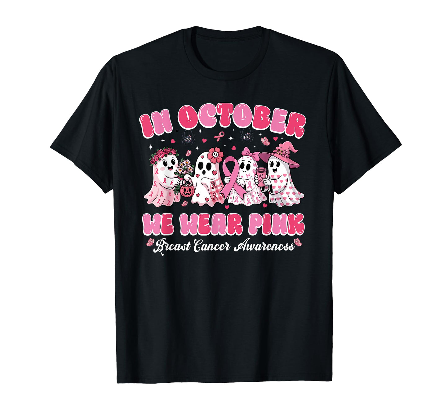 in October We Wear Pink Ghost Breast Cancer Halloween T-Shirt