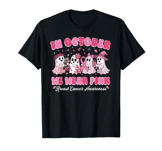 in October We Wear Pink Ghost Breast Cancer Halloween T-Shirt