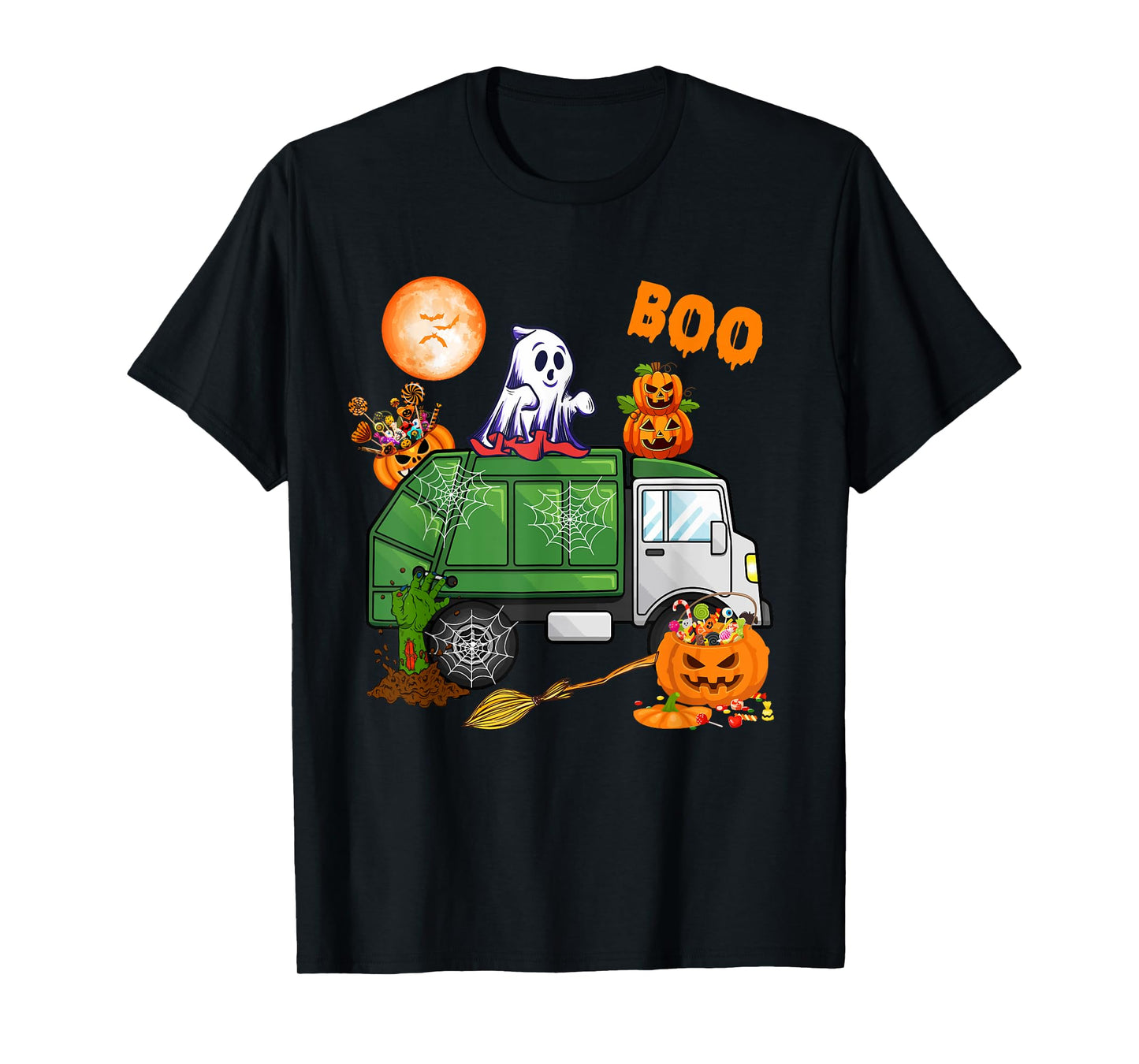 Ghost Driving Garbage Truck With Candy Bag Carved Pumpkin T-Shirt