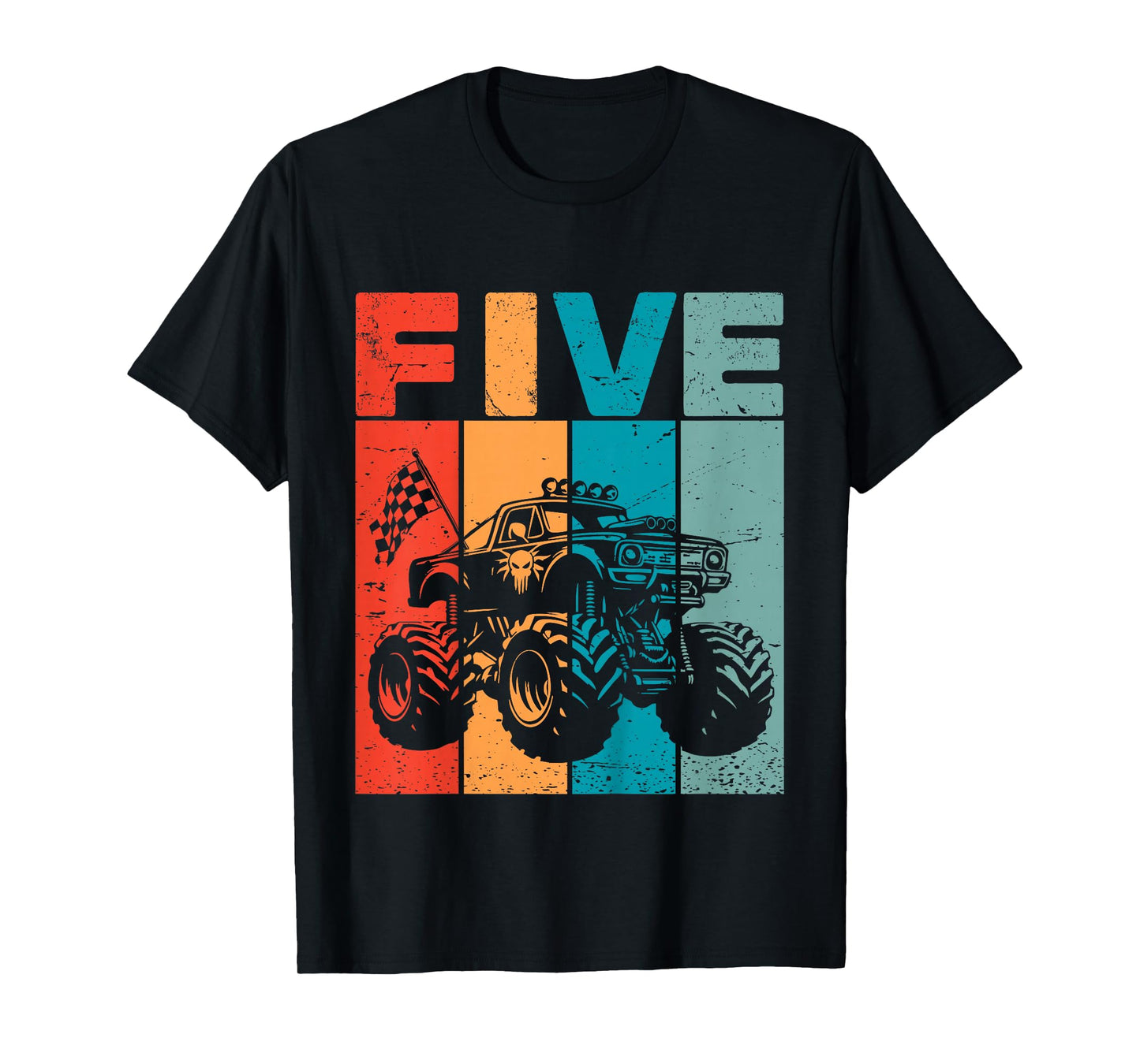 Kids 5th Birthday Monster Truck Five Retro 5 Years Old Bday Boys T-Shirt
