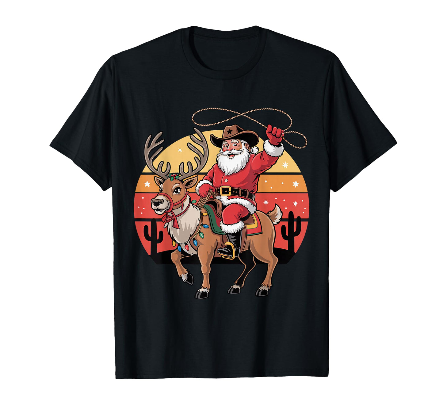Cowboy Santa Riding Reindeer Western Texas Christmas Tee T-Shirt