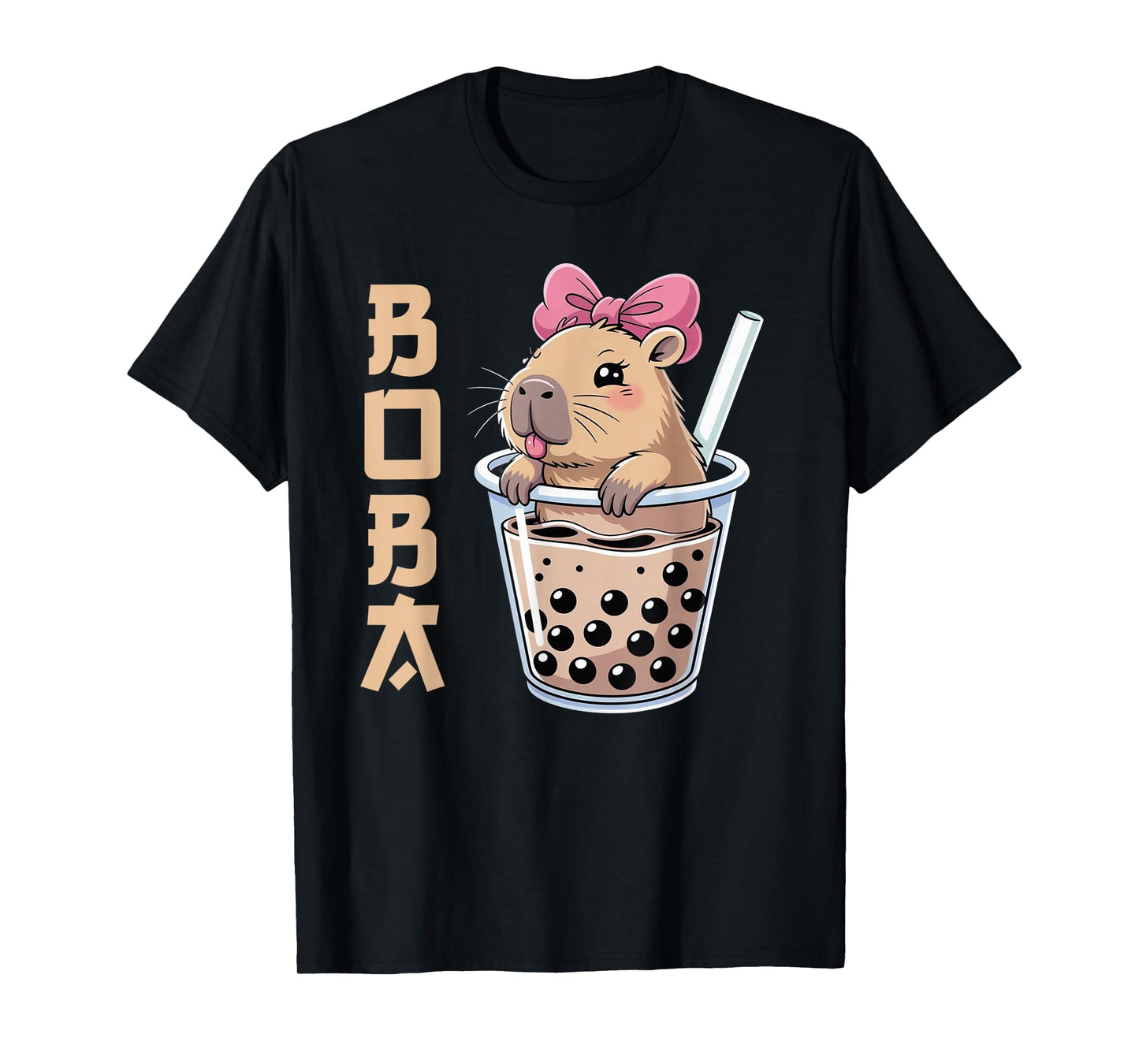 Kawaii Anime Capybara Drinking Boba Tea Pink Coquette Bow T-Shirt