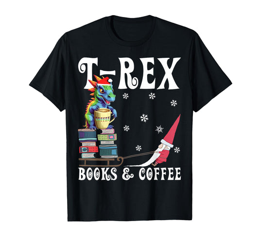 T-Rex Books Coffee Retro Rainbow Dino Coffee Lover Christmas T-Shirt