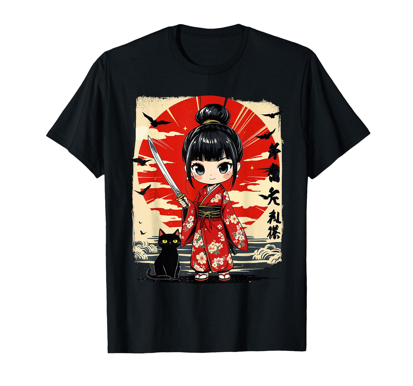 Cute Kawaii Samurai Girl and Cat Japanese Anime Kids Girls T-Shirt