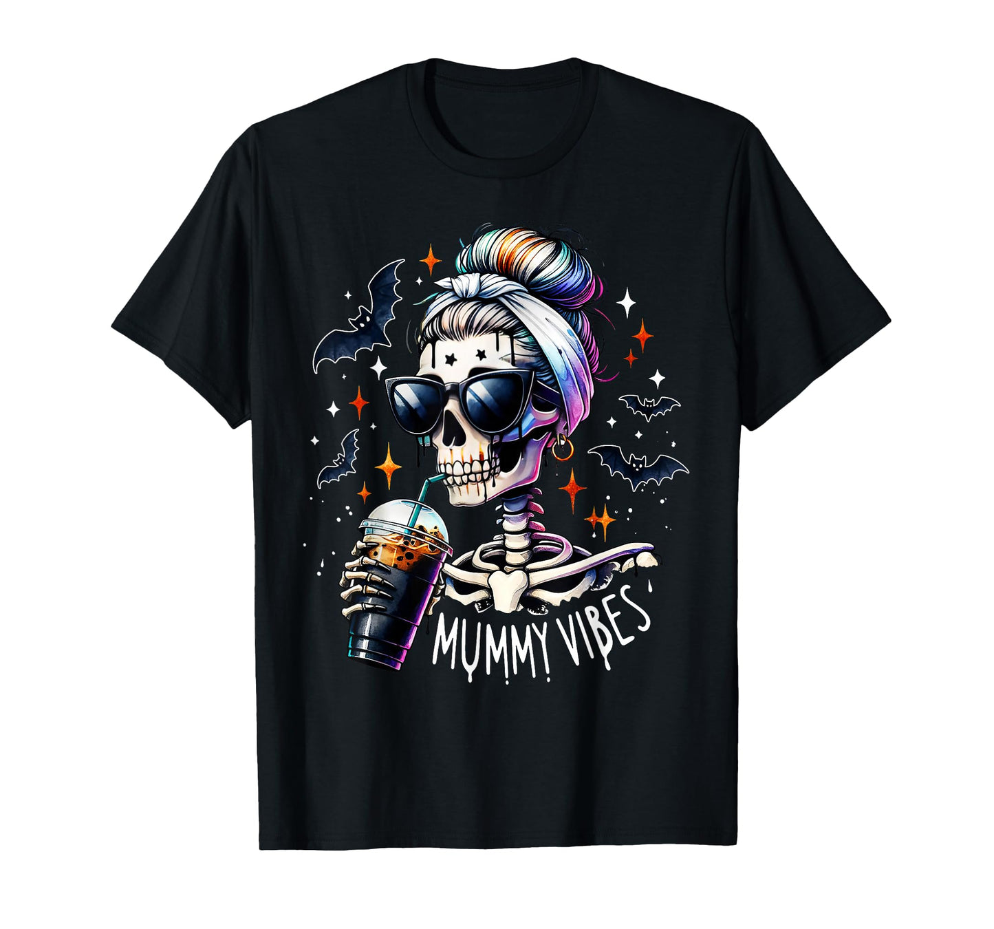 Mummy Vibes Skeleton Coffee Mom Spooky Season Halloween T-Shirt