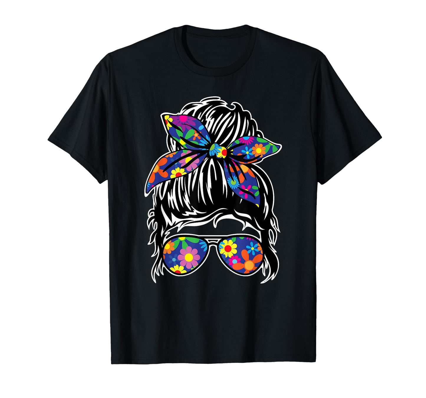 Messy Hair Bun with Bandana Ribbon and Sunglasses Design T-Shirt