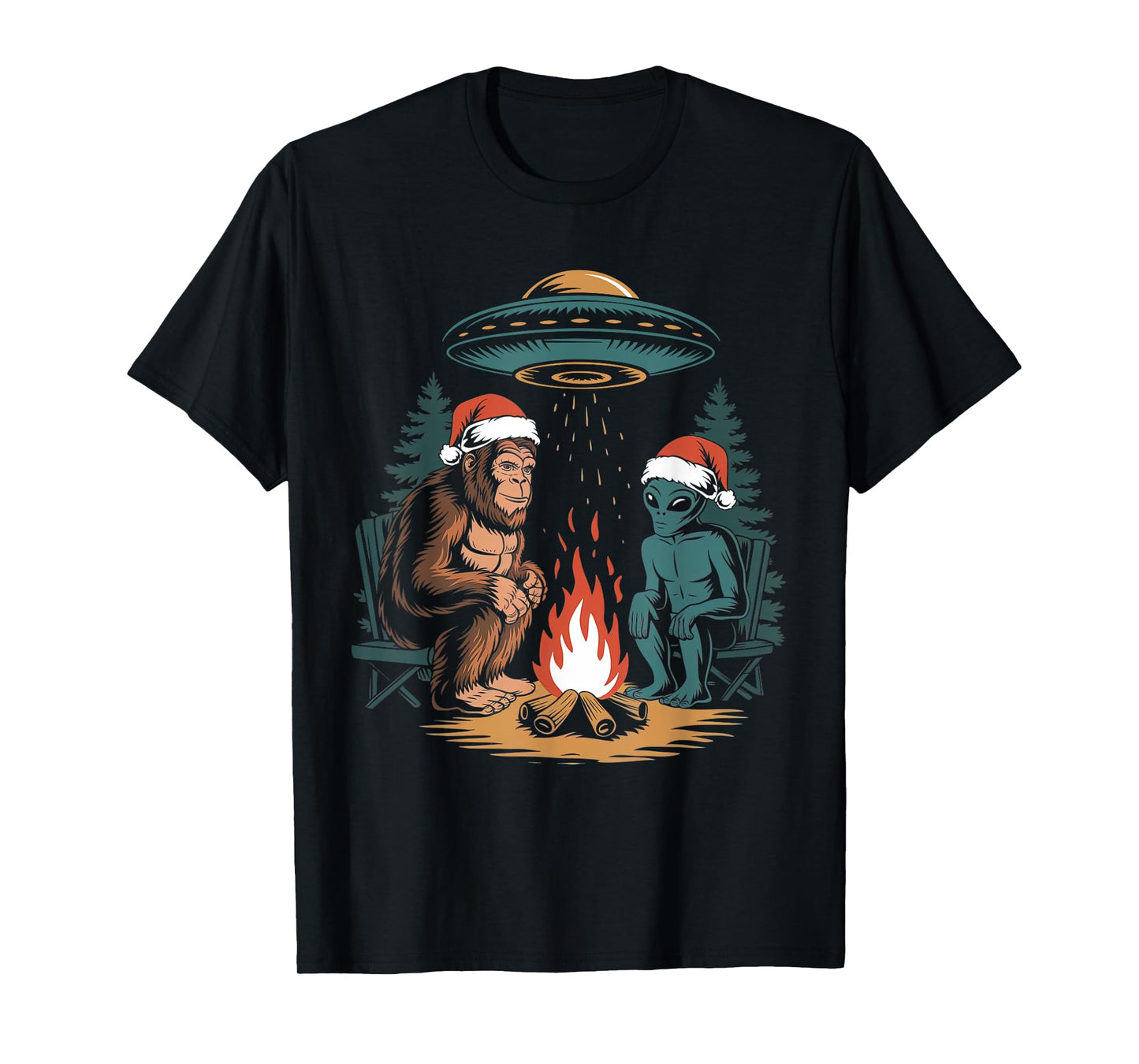 Funny Bigfoot Alien UFO Santa Hat Campfire Outdoor Christmas T-Shirt