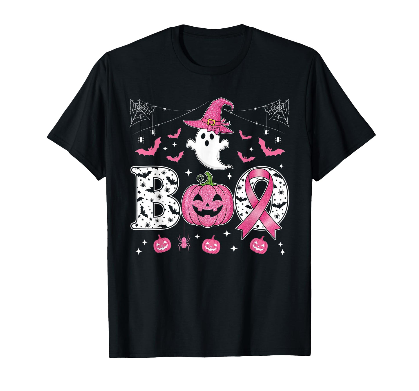 Ghost Witch Hat Pink Ribbon Breast Cancer Halloween T-Shirt