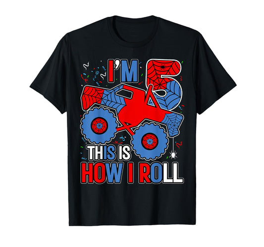 Monster Truck 5th Birthday Spider Theme Party 5 Year Old Boy T-Shirt