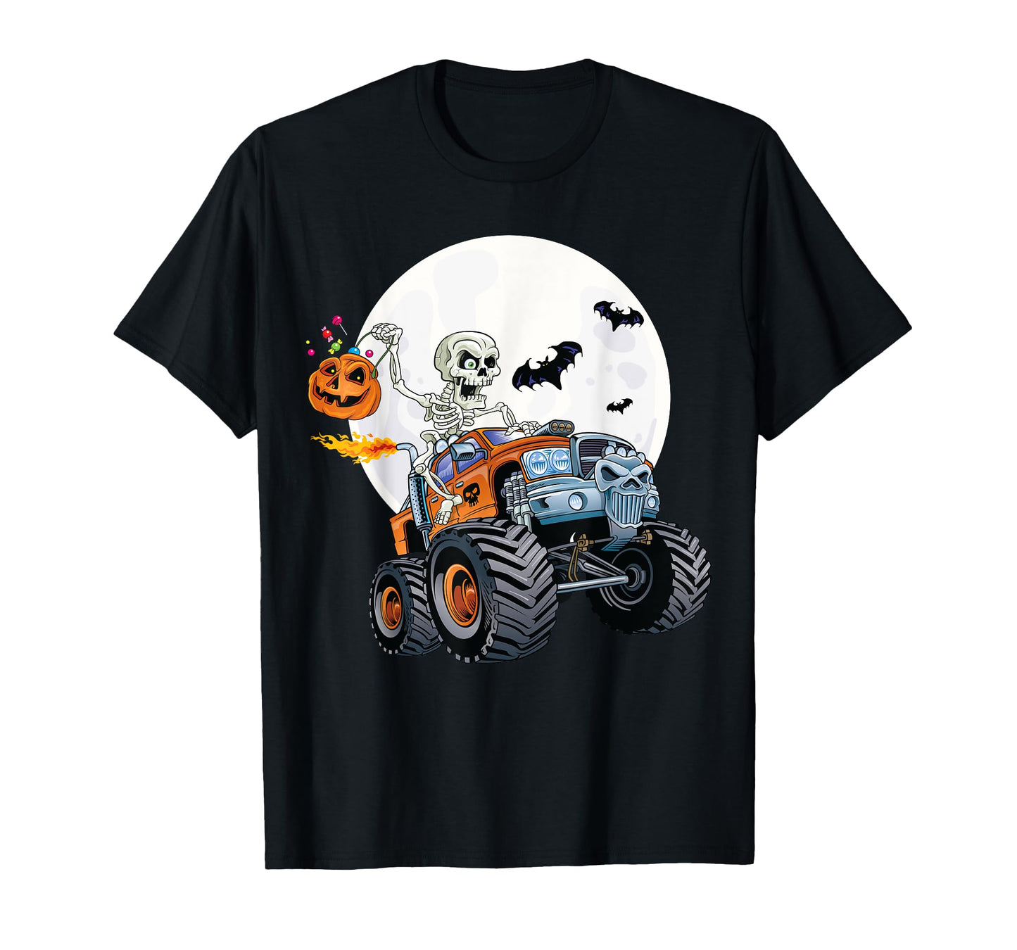 Skeleton Monster Truck Creepy Halloween Jack O Lantern Kids T-Shirt