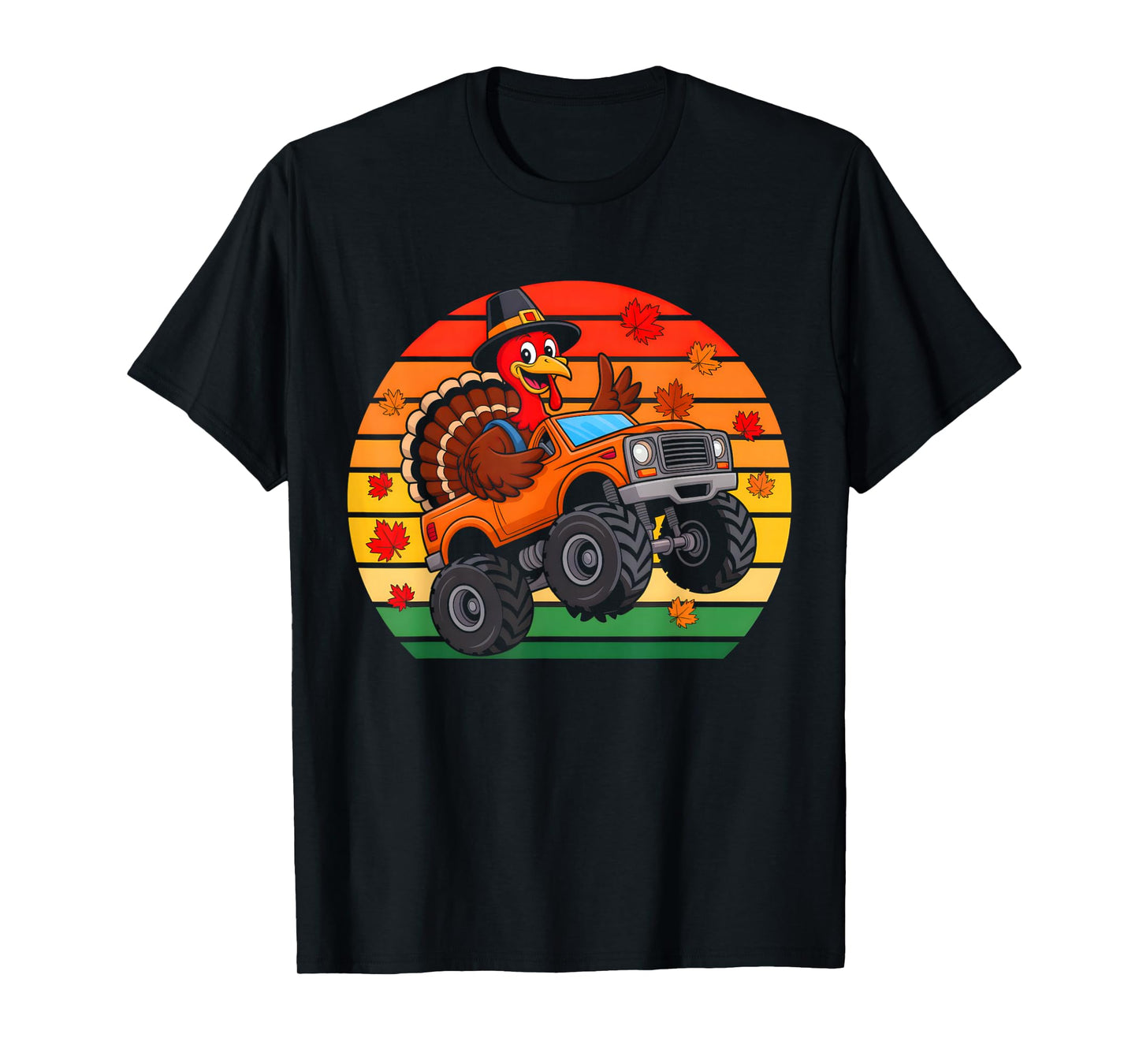 Monster Truck Turkey Sunset Retro Funny Thanksgiving Boys T-Shirt
