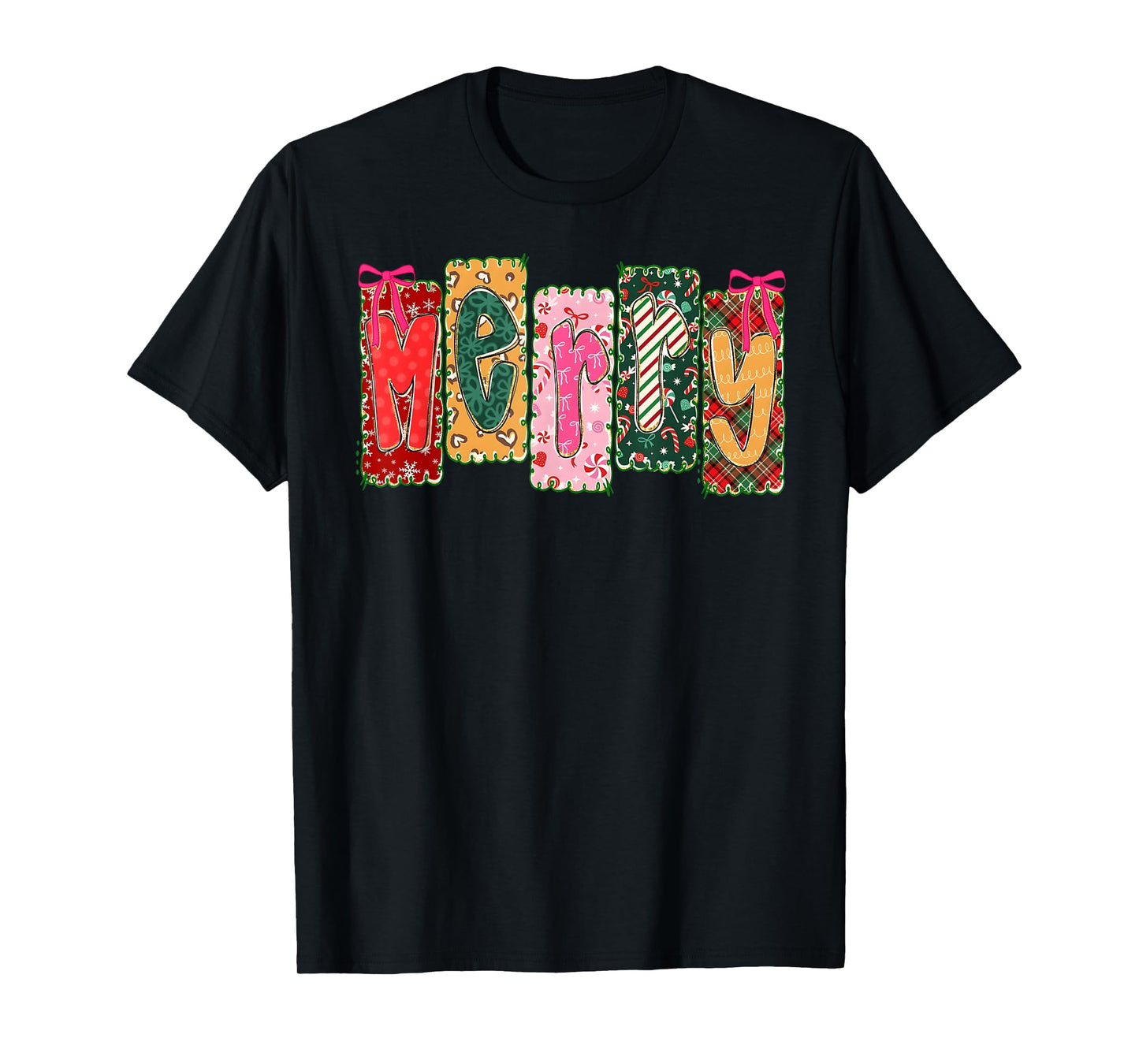 Merry Christmas Patchwork Merry Xmas Girl Women Floral Bows T-Shirt