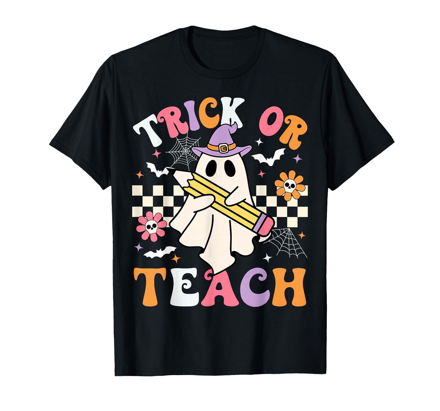 Trick Or Teach Groovy Teacher Halloween Retro Teacher Ghost T-Shirt