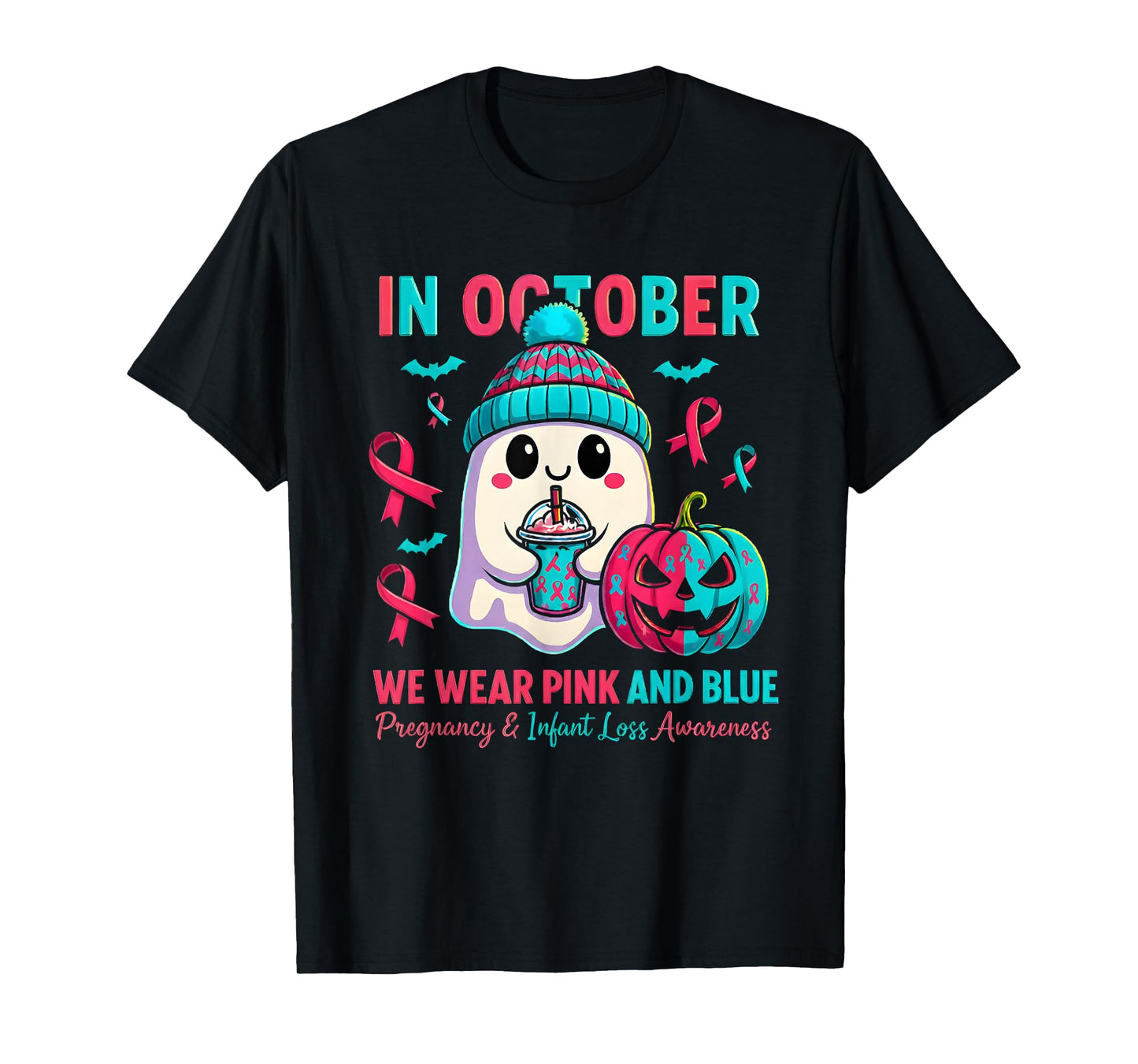 in October We Wear Pink and Blue Ghost Infant Loss Awareness T-Shirt