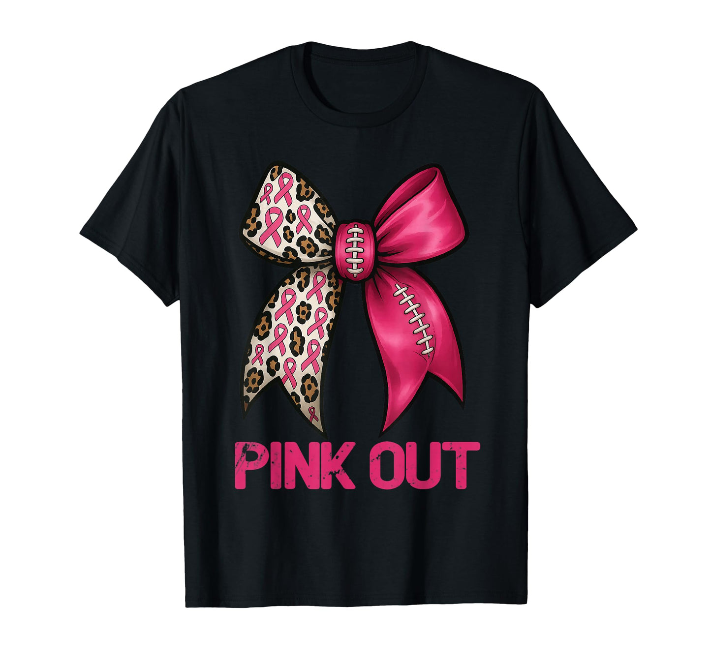 Pink Out Leopard Bow Football Breast Cancer Awareness T-Shirt