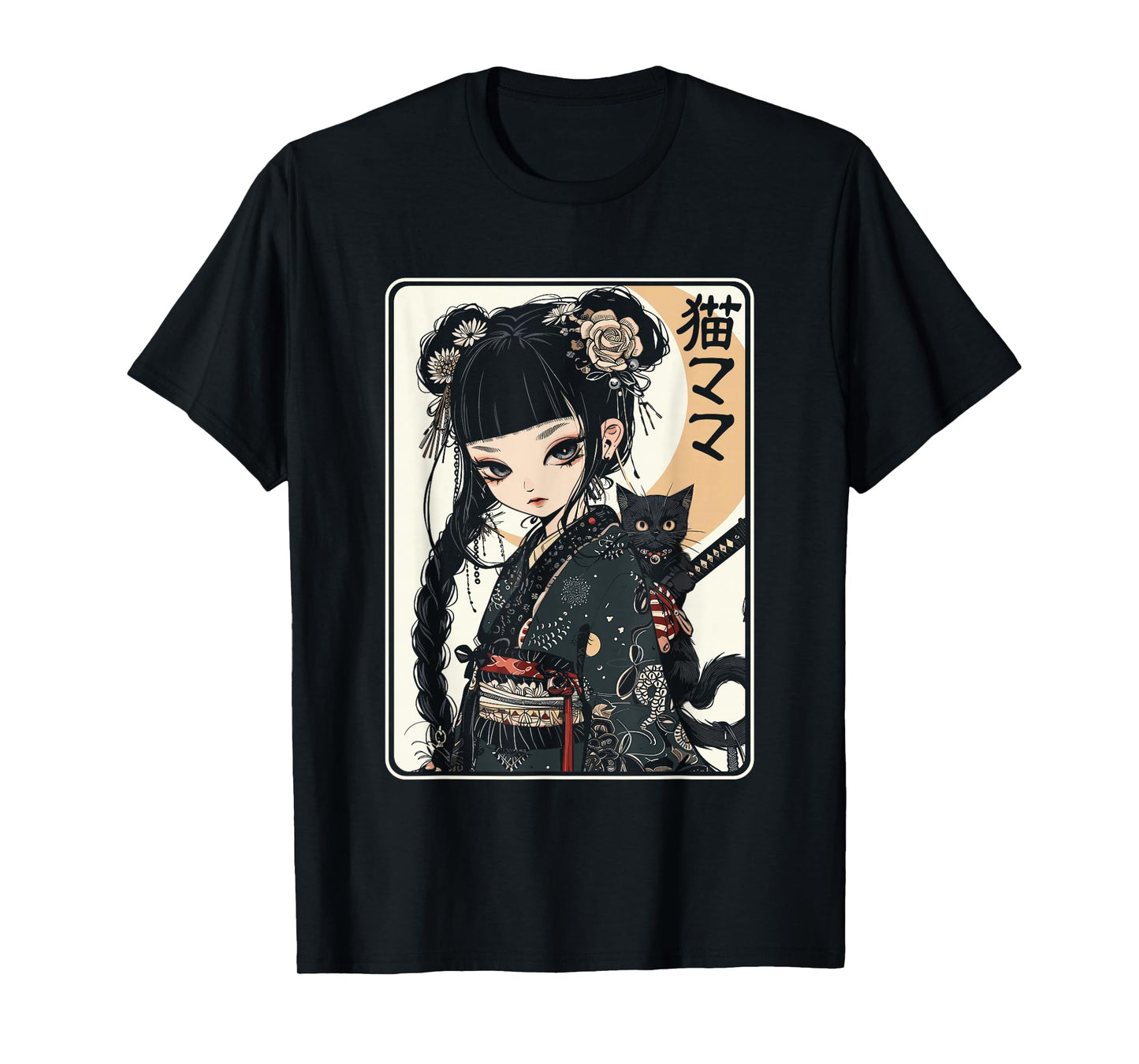 Japanese Gothic Kawaii Anime Samurai Cat Mom Woman Girls T-Shirt
