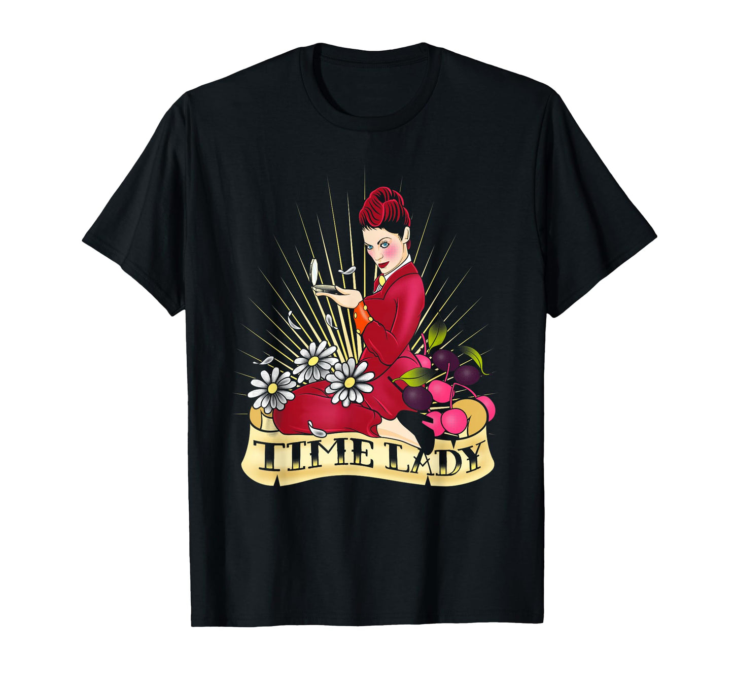Doctor Who Rockabilly Missy Time Lady Vintage TimeTravel Fan T-Shirt - Women's Unisex-Adults Black Cotton Classic Fit Crew Neck Short Sleeve T-Shirt - Small