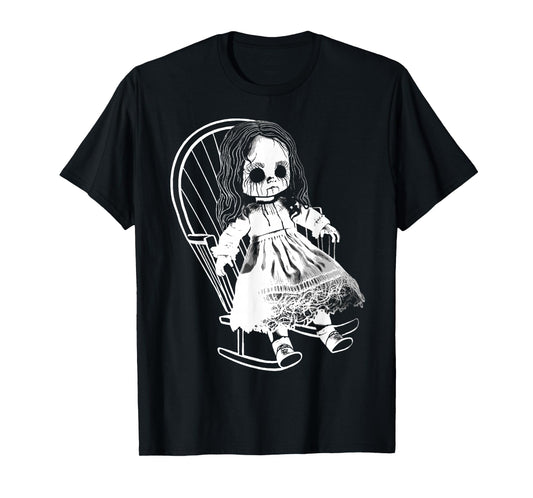 Creepy Nightmare Haunted Horror Doll Sits In Rocking Chair T-Shirt