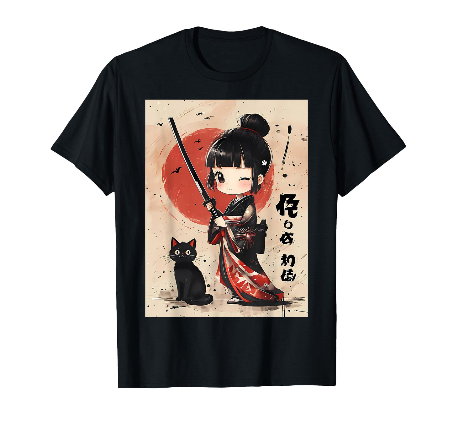 Cute Kawaii Samurai Girl with Katana Cat Japanese Anime T-Shirt