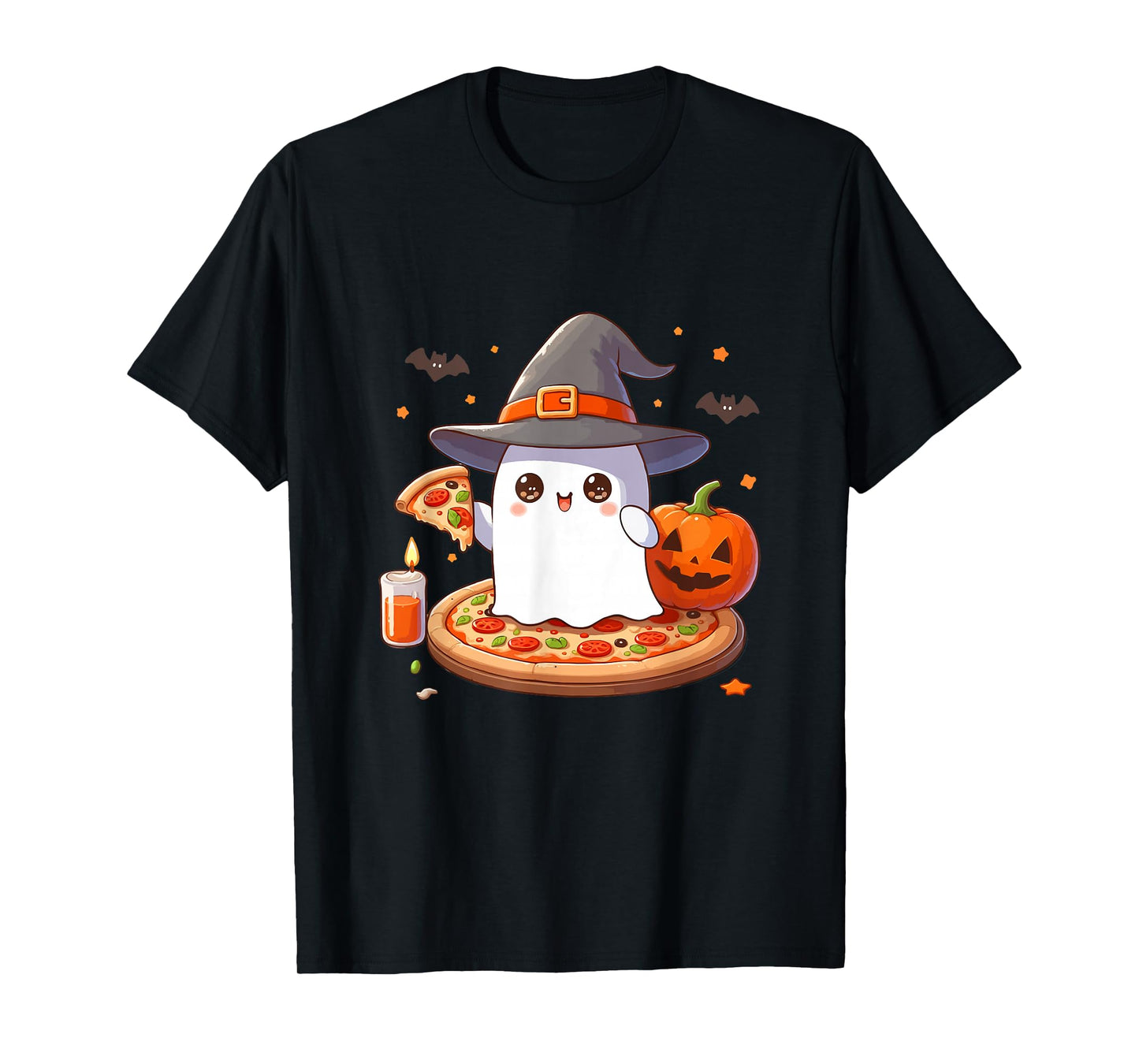 Halloween Cute Ghost Eating Pizza, Cute Ghost Pumpkin Pizza T-Shirt