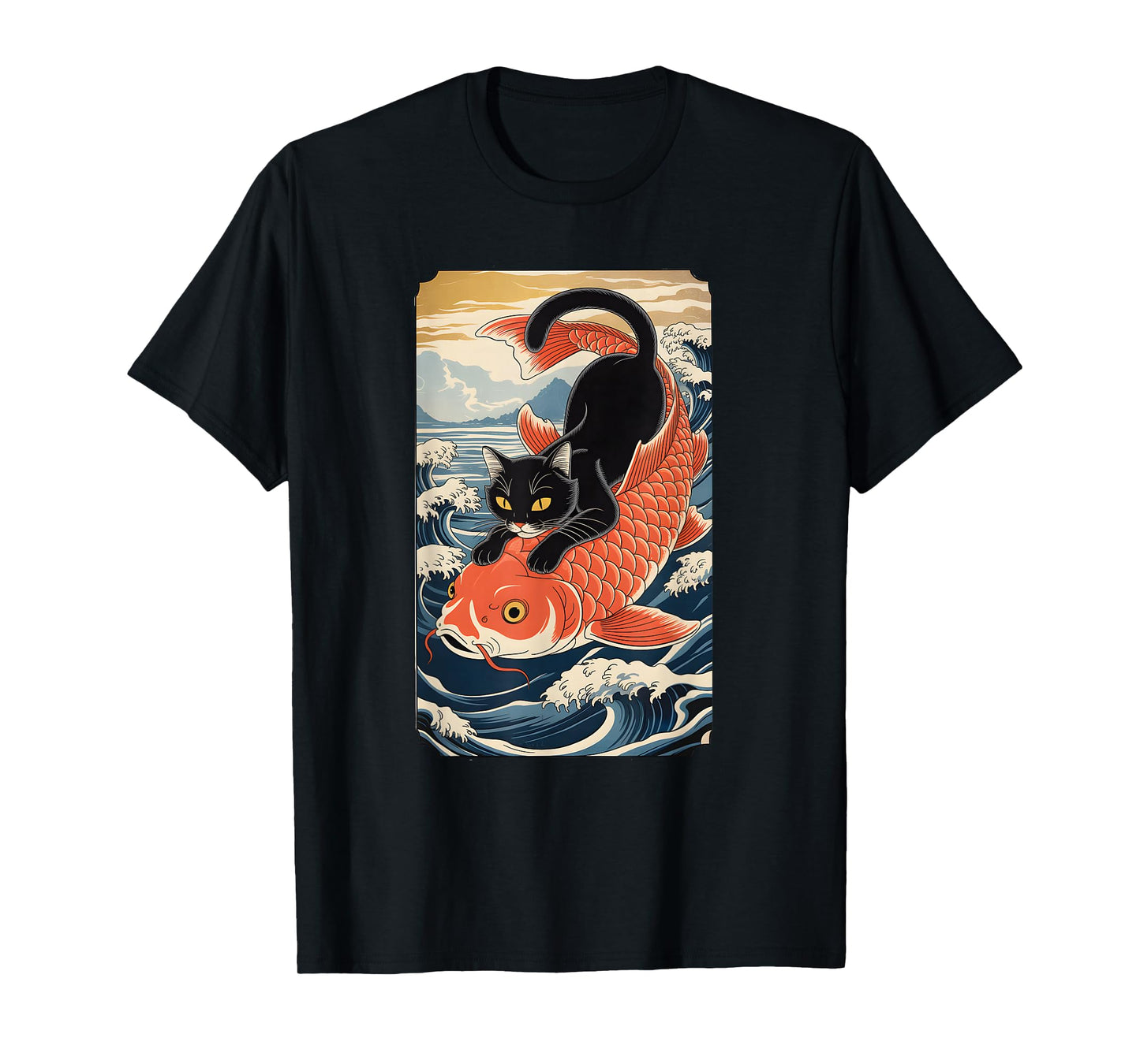 Cat Koi Japanese Black Ukiyoe Art Sakura Waves Zen T-Shirt