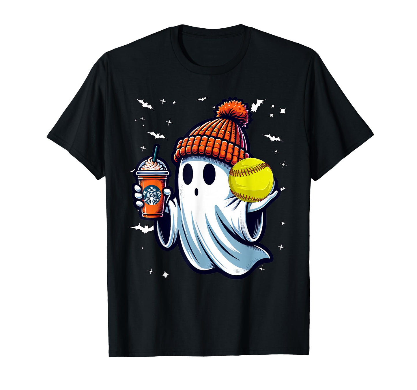Ghost Pumpkin Drinks Beanie Fall Softball Lovers Halloween T-Shirt