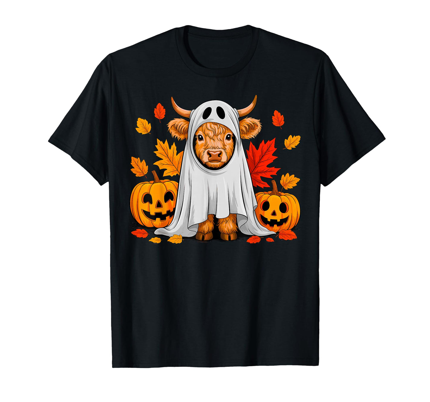 Women Highland Cow Ghost Pumpkin Girls Halloween Autumn Fall T-Shirt