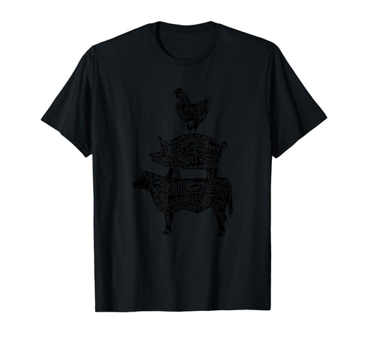 Cow Pig Chicken Parts Retro Beef Pork Poultry Meat Cuts Gift T-Shirt