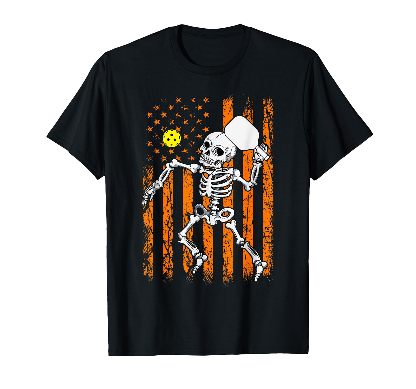 Retro Skeleton Playing Pickleball USA Flag Halloween Boys T-Shirt