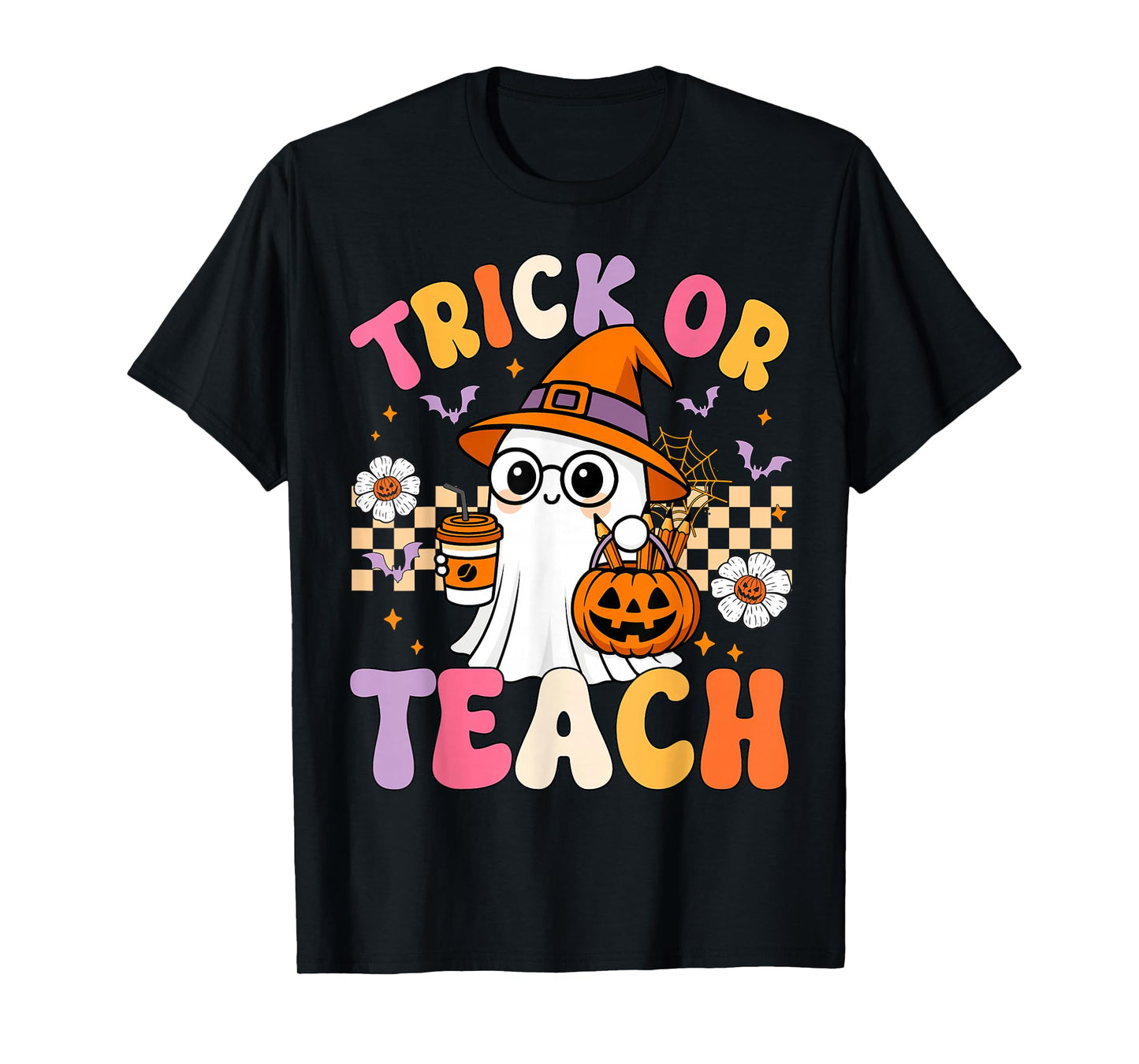 Trick Or Teach Cute Ghost Coffee Pumpkins Halloween Teacher T-Shirt