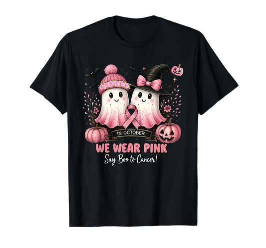 in October We Wear Pink Say Boo to Cancer Halloween Ghost T-Shirt