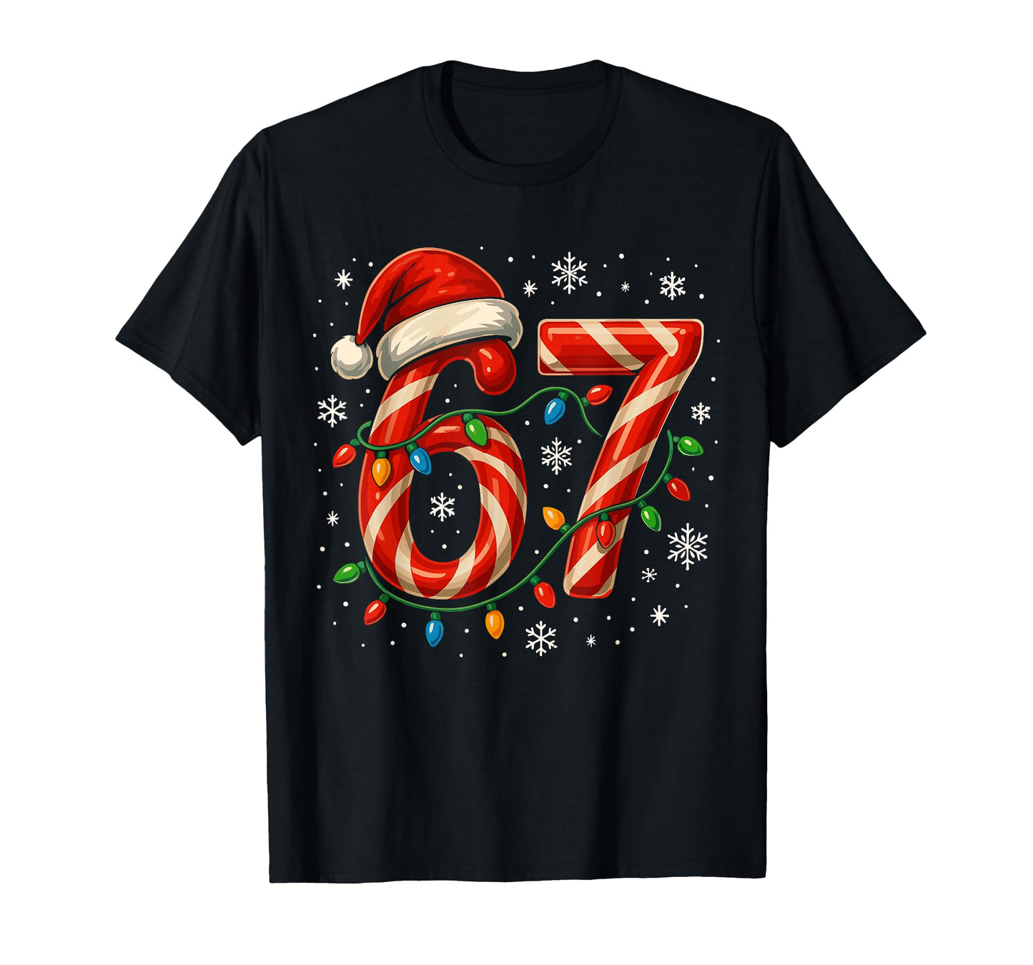 67 Christmas Meme Funny Six Seven Xmas Lights Candy Cane T-Shirt