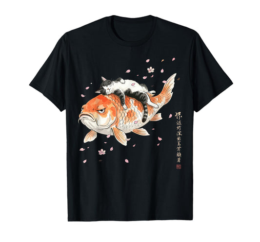 Japanese Cherry Blossom Cat Koi Nap Art Funny T-Shirt