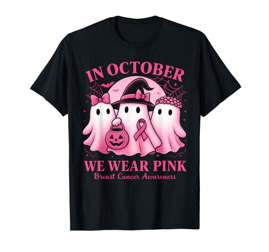 in October We Wear Pink Ghost Halloween Women Breast Cancer T-Shirt