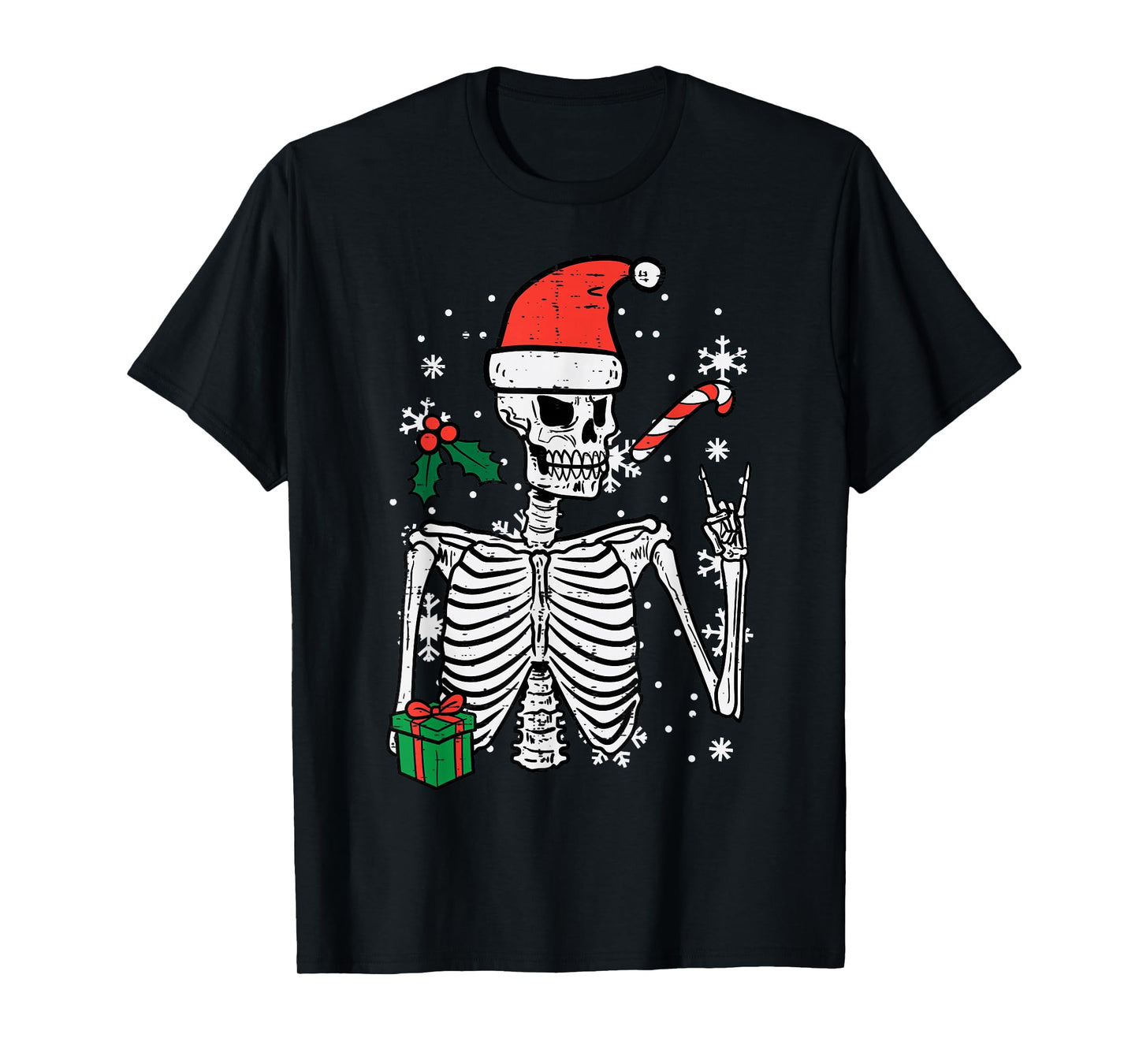 Christmas Rocker Skeleton Santa Rock Hand Xmas Men Boys Kids T-Shirt