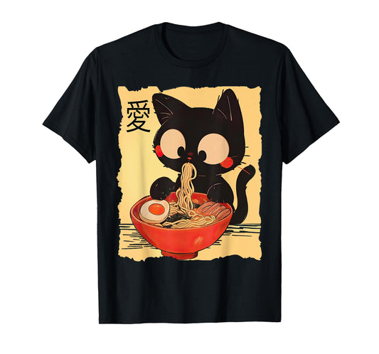 Funny Cat Ramen Graphic Tee Japanese Kawaii Anime Cat T-Shirt