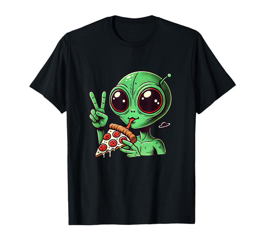 Funny Alien Head Eating Pizza UFO Extraterrestrial T-Shirt