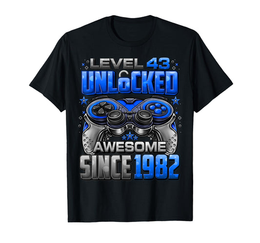 Level 43 Unlocked Awesome Since 1982 43rd Birthday Gaming T-Shirt