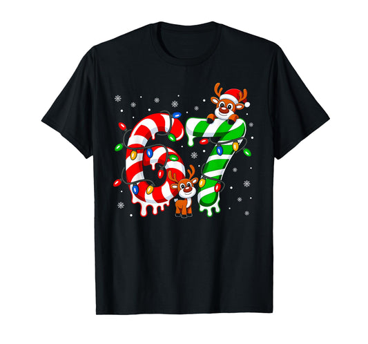 Number 67 Six Seven 6 7 Meme Candy Cane Matching Christmas T-Shirt
