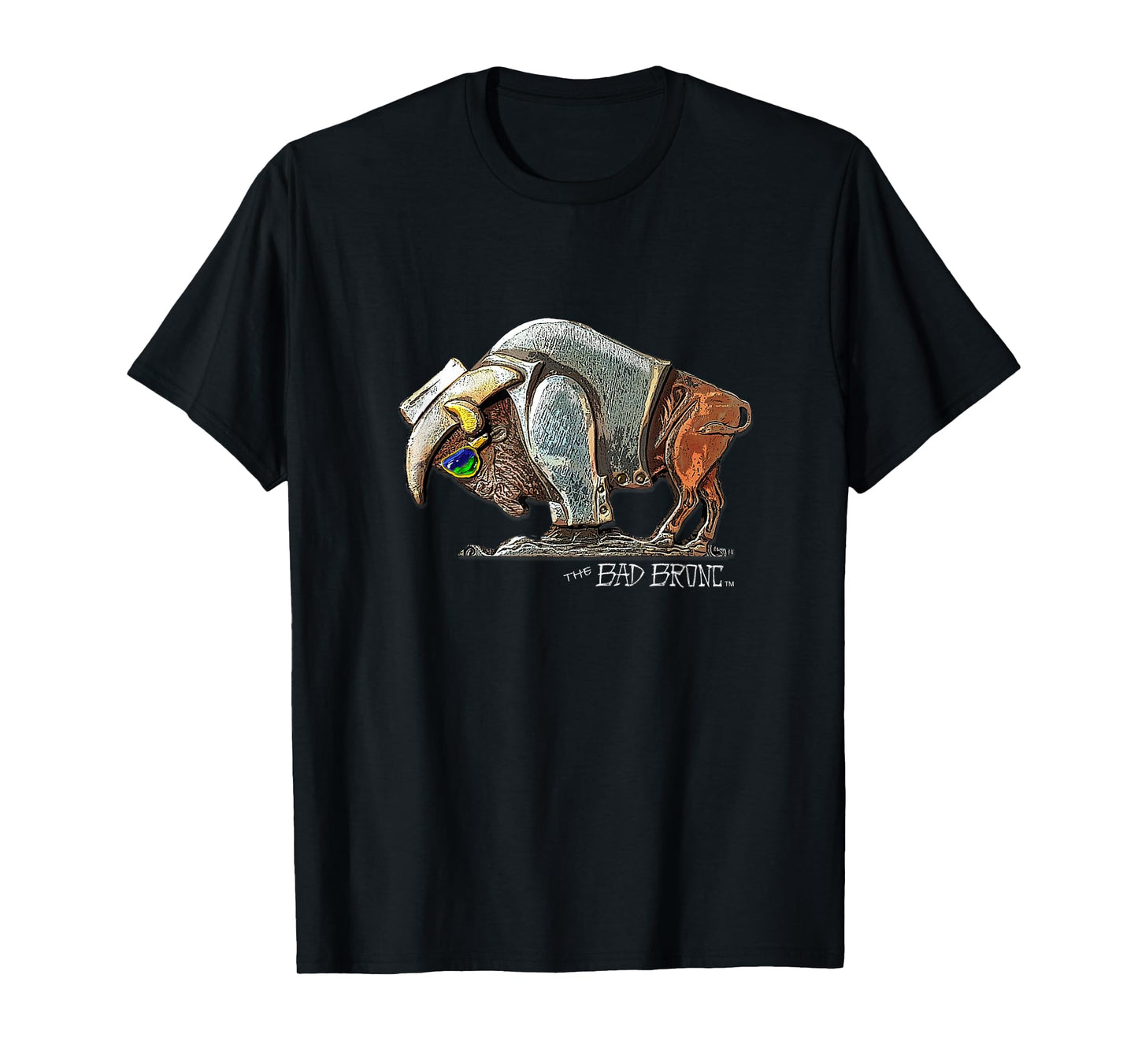 The Bad Bronc Rock N Roll Buffalo T-Shirt - Unisex-Adults, Black, Small, Short Sleeve, Cotton 65% Polyester 35%, Designer T-Shirt