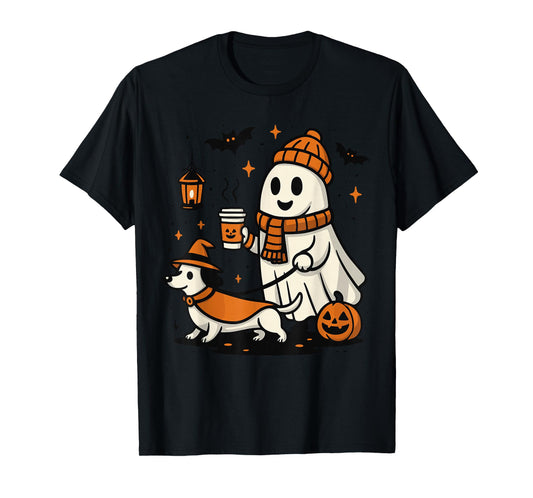 Cute Ghost Walking Dog Shirt, Halloween Dog Dad Ghost Coffee T-Shirt