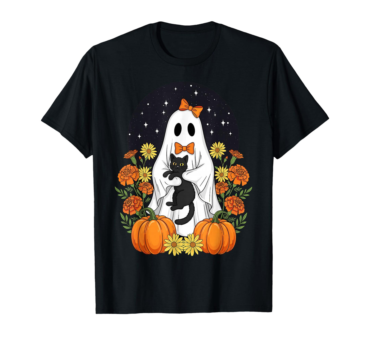 Vintage Halloween Ghost Holding Black Cat Groovy Floral T-Shirt