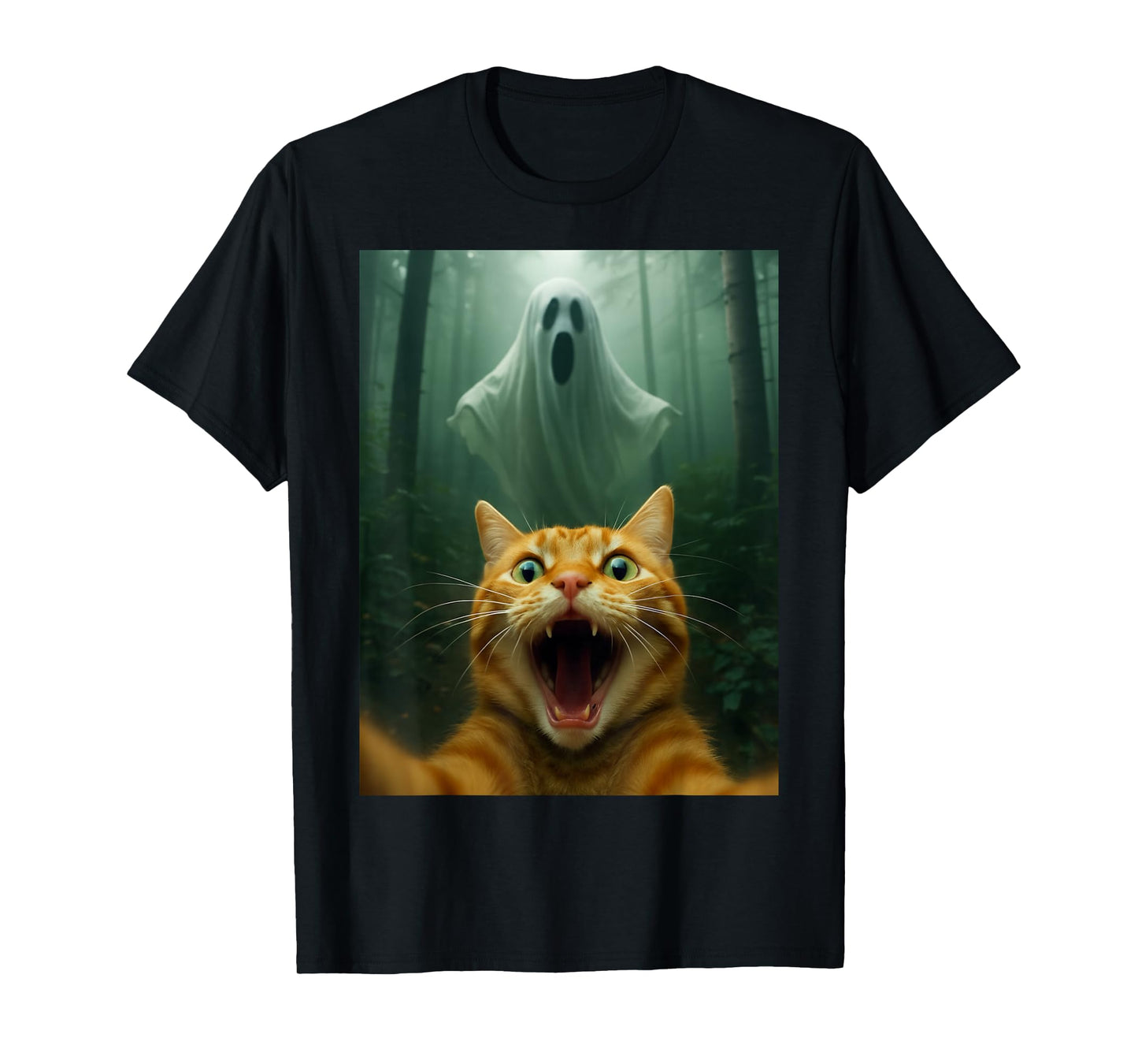 Scared Cat Selfie with Ghost | Funny Halloween Costume T-Shirt