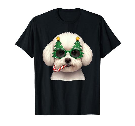 Christmas Tree Sunglasses Bichon Frise Candy Cane Men Women T-Shirt